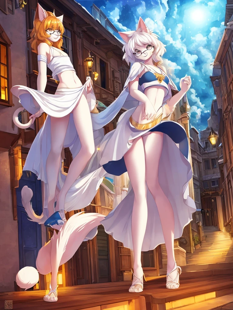 Anthro, white fluffy cat, full body, male, adult, hand paws, long fluffy tail, fluffy chest, strong, light robe, long dancing skitt, flip flop, fancy dancer clothing, crop top, ornate clothing, blue circular eyewear, abdomen on display, serious look, warm happy expression, hairy body, 8K, dynamic lighting, ultra detailed, masterpiece, street of a medieval town, stormy weather outside