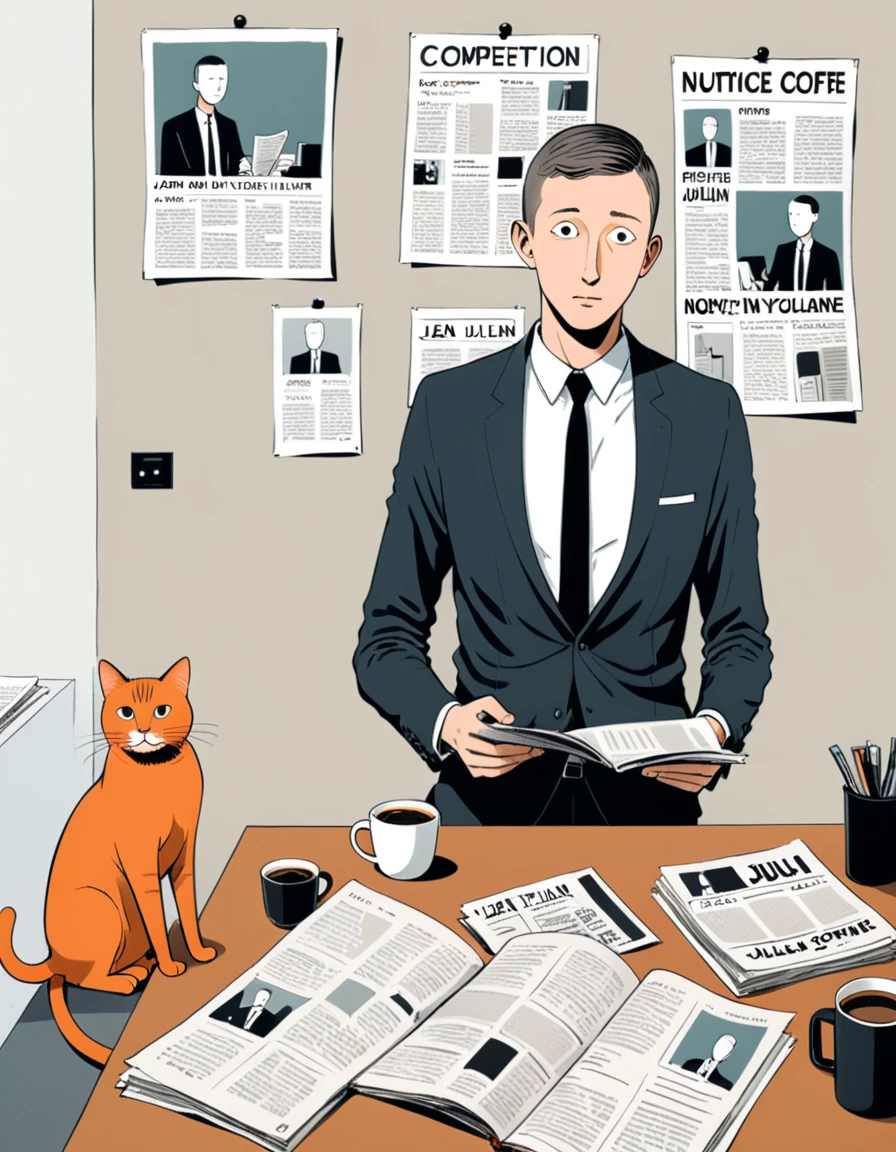 (in style of Jean Jullien:1.3),1boy,Character Design,Suit,tie,White shirt,office,coffee,newspaper,1 cat,Minimalist art style,