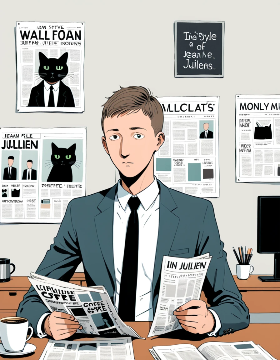 (in style of Jean Jullien:1.3),1boy,Character Design,Suit,tie,White shirt,office,coffee,newspaper,1 cat,Minimalist art style,