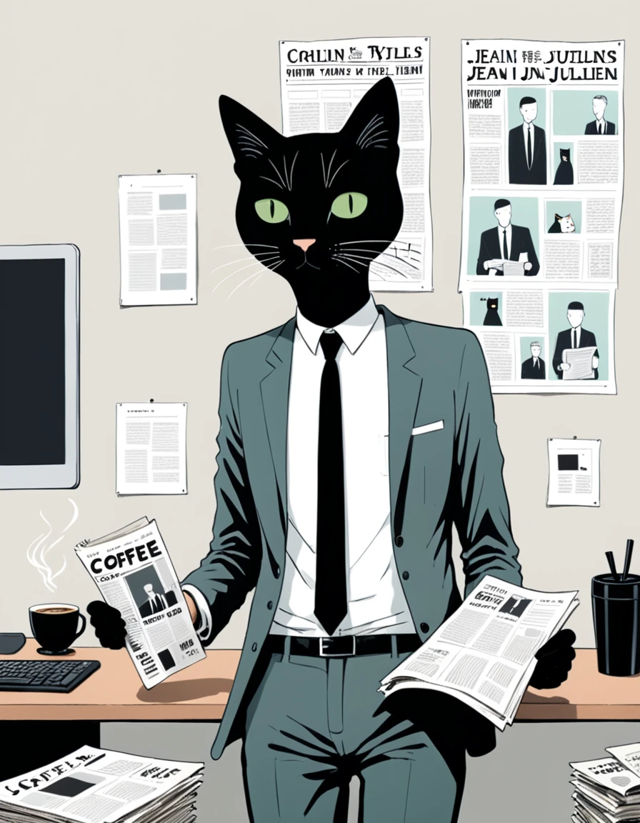 (in style of Jean Jullien:1.3),1boy,Character Design,Suit,tie,White shirt,office,coffee,newspaper,1 cat,Minimalist art style,