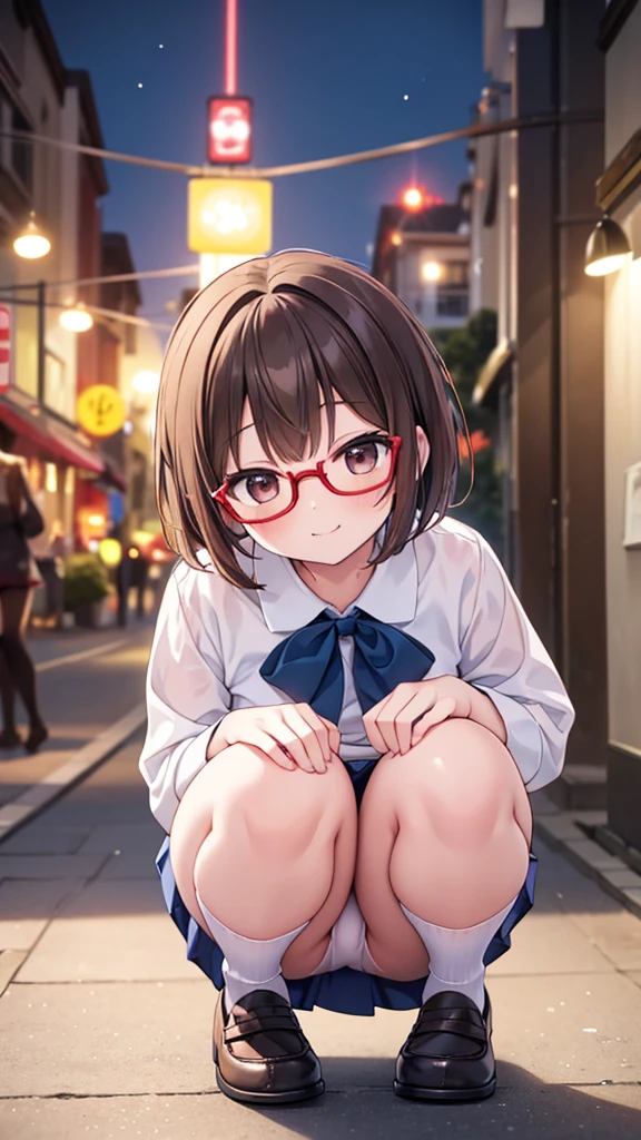 Teasing Smile、18-year-old、pretty girl , Short brown hair, ,squat、mischief、joy、 Steam rises around her, Shooting from below, One Girl, Very short hair, Red frame glasses、White blouse, Navy Blue Skirt, Navy blue socks, Brown Loafers, White panties, , Everyday Style, Highest quality, 4K, 8K, High resolution, masterpiece:1.2, Very detailed, Realistic, photoRealistic, photo-Realistic:1.37, High resolution, 超High resolution, Studio Lighting, Ultra-fine painting, Sharp focus, Physically Based Rendering, Very detailed説明, Professional, Vibrant colors, Bokeh