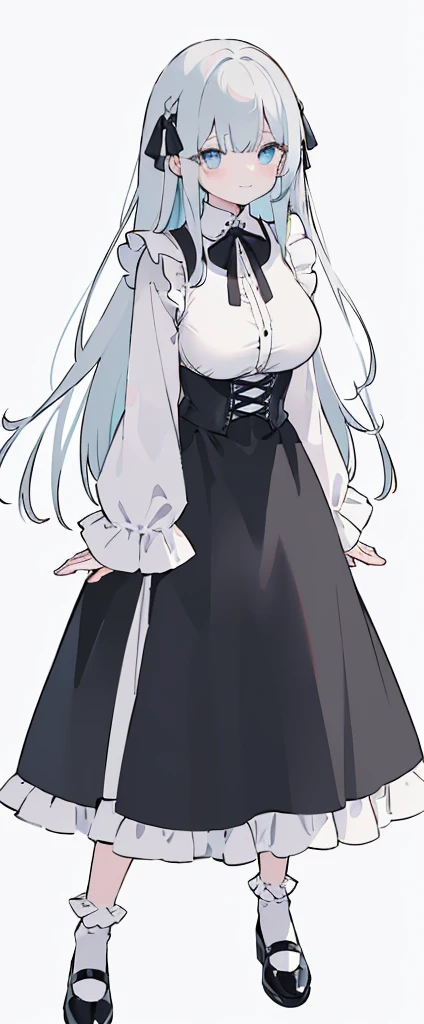 (long beautiful red hair) cyan eyes, (Eyes behind long bangs) big breasts, Standing pose, hands behind the back, (using socks) perfect shiny beautiful cyan shoes (Wearing luxurious palace black maid clothes Perfect perfect noble) Pose facing sideways (Girl1, straight grey hair not too long, bangs covering one eye, soft face, gentle smile)red long hair, beautiful cyan eyes (Sitting pose, right hand down, left hand down, leaning pose, smile kawai, (blank white background) Wearing a black corset, (Using a beautiful bright blue ribbon) Kawai shy cute eyes (black colored shoes must be shiny, Must wear short white socks) Wrists must be completely bare without a single piece of cloth covering either side Wrists must be completely bare without a single piece of cloth covering either side Wrists must be completely bare without a single piece of cloth covering either side, The bangs cover the left eye of the toe perfectly, Long bangs cover the left eye, long black maid dress shirt sleeves, cold face, royal minister, Standing pose, Black skirt, shirt sleeves must be long black, Long leg