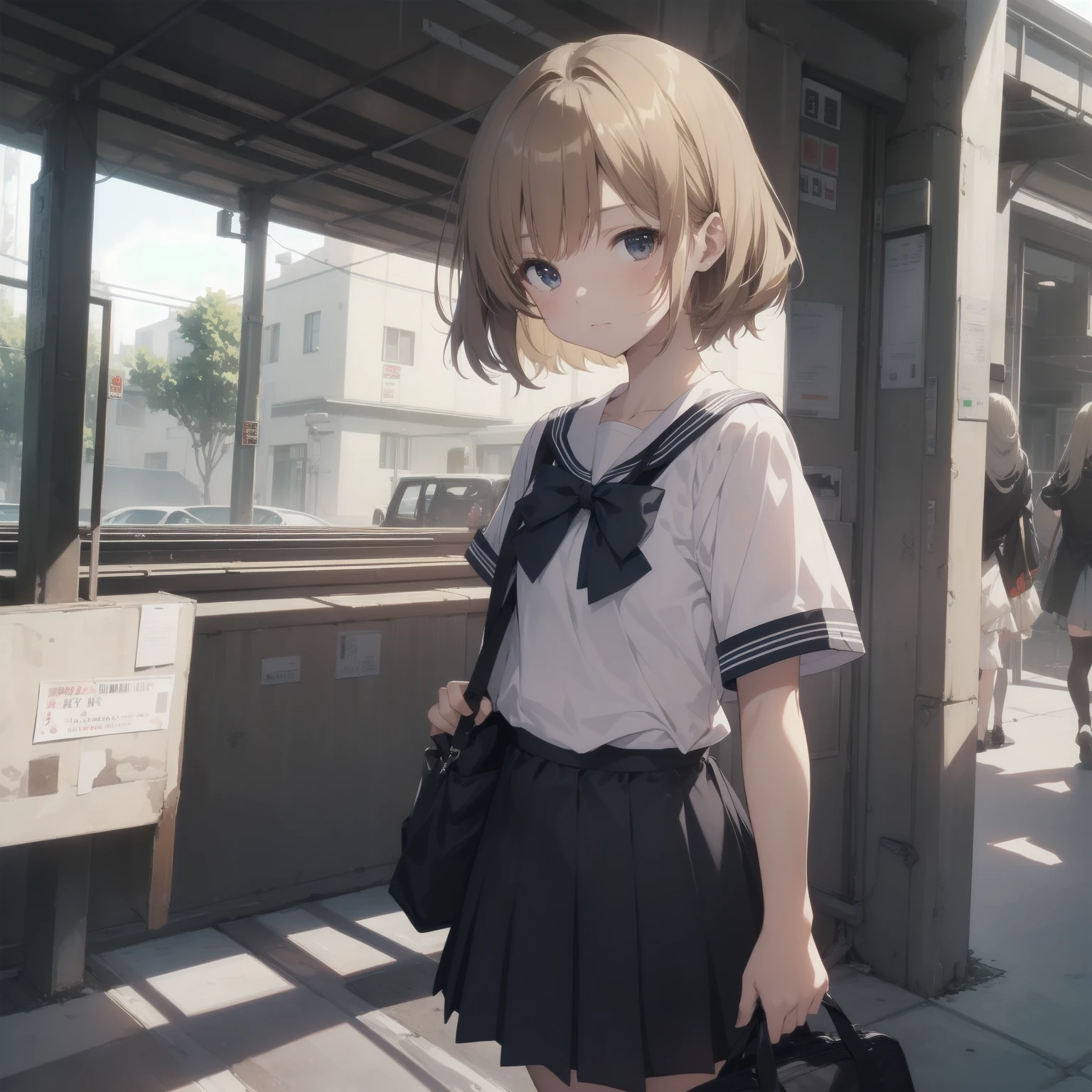 ultra-absurdres-Top quality by artist God, ultra-detailed, high resolution, anime moe artstyle, best anime 8k konachan wallpaper, pixiv contest winner, pool:2810, perfect anatomy,break, 1girl, (Please draw a girl walking sleepily to school alone. )break,(Solo,little female, 13-year-old:1.3),Full limbs, complete fingers,a junior high school student, (very short hair), short cut, flat chest, , small butt, small black eyes, beautiful detailed eyes, well-proportioned iris and pupils, expressive eyes, highres detailed hair, soft expression, salor school_uniform, sailor collar, serahuku, bow, pleated skirt,(Detailed Lighting), (Detailed background), in the School commute route. break,super detailed skin, Best cinematic lighting powered by famous artist, 8k,beauty illustration,photoshop_(medium),very aesthetic,break,((artist:tomose_shunsaku )), artist:clamp ,artist:carnelian ,artist:kantoku ,