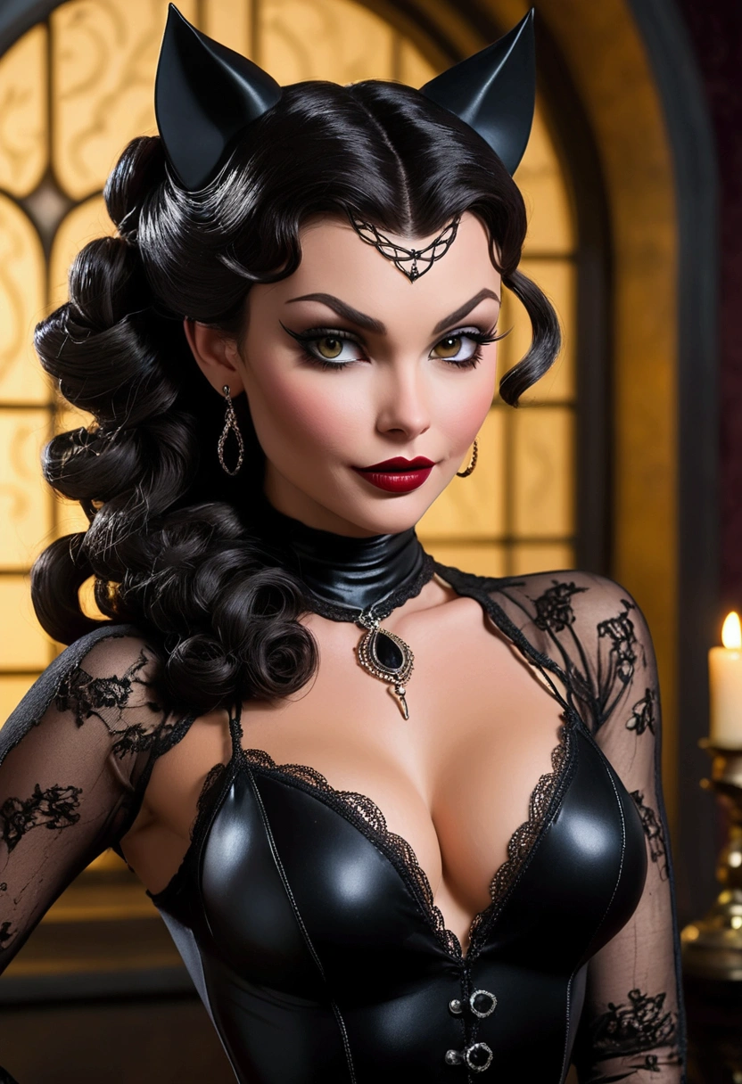 Full body shot Kylie Cantrall catwoman, ringlets wavy five feet long black hair, updo hairstyle with ponytail on one side and long hairpins holding the bun long braid, strong thighs, dark red glossy lips, heavy black eye shadow long black eyeliner, long sharp claws, black lace beautiful and creative catwoman bodysuit with no jewels, huge cleavage, clear ears no earrings, no earrings, no earrings, no earrings, no jewels, beautiful forehead lace ornament, posing in a feminine catwoman den, happy expression, dark ambience night time candle lights. No faces on her chest!