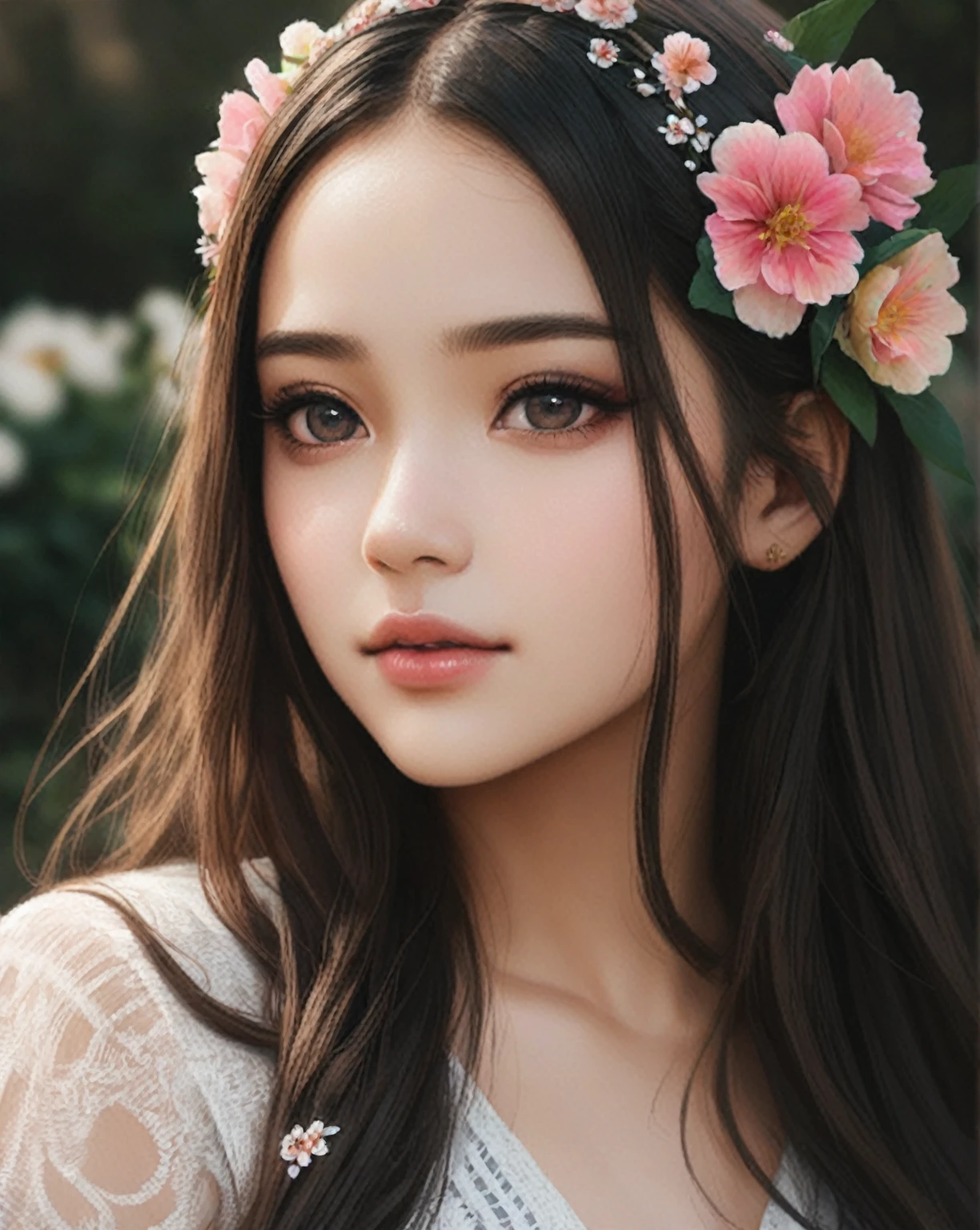 arafed woman with a flower crown on her head, soft portrait shot 8 k, kawaii realistic portrait, artwork in the style of guweiz, beautiful portrait image, beautiful asian girl, detailed face of a asian girl, beautiful aesthetic face, photorealistic beautiful face, cute natural anime face, gorgeous face portrait, detailed beautiful face, asian beautiful face