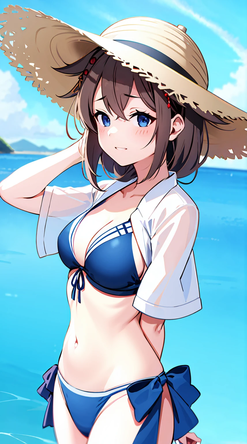 Shigure Kai 3 KanColle Bikini Shirt Ribbon Straw Hat Standing Seaside 8k High Definition