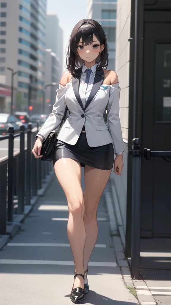 1 girl, looking directly at viewer, business attire, tan skin, top showing skin, business jacket, mini skirt, highly detailed, bare shoulders, natural lighting, full body view walking towards viewer