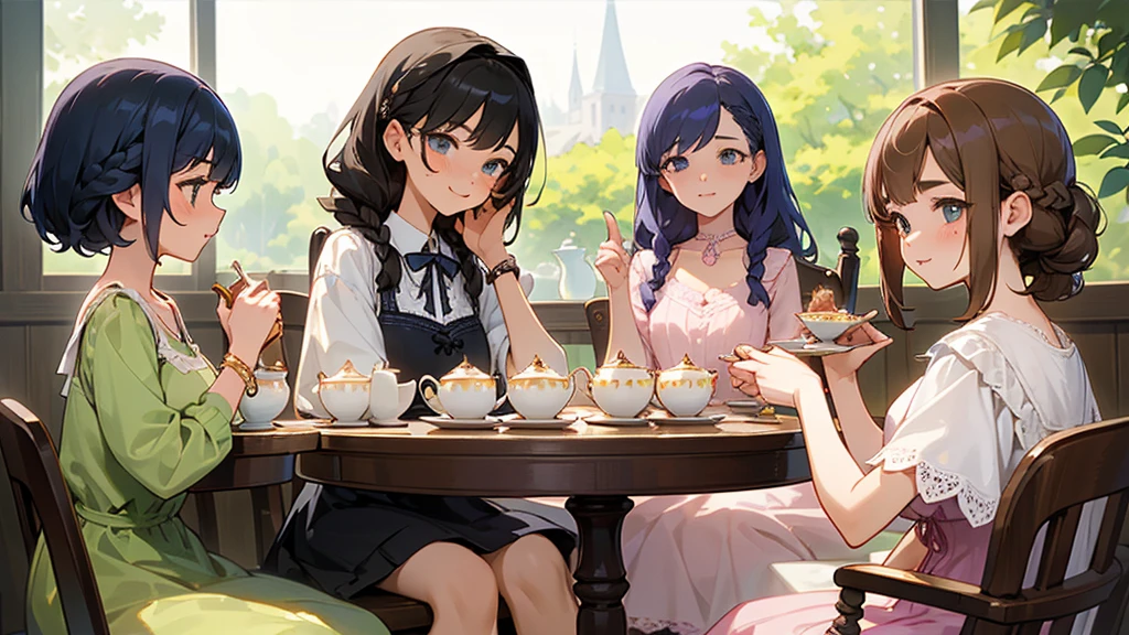 Highest quality、High resolution、Detailed Background、(Beautiful face in every detail:1.4)、Anatomically correct、(Detailed facial expressions)、(Detailed eyes:1.2)、Teenage beauty、(Highly detailed face:1.4)、Cute hair colour、Braided Ponytail、Bobcut、Braided long hair、Wavy Hairstyle、well-groomed eyebrows、Cute Eye Makeup、Cute Lip Makeup、Calm atmosphere、Happy expression、smile、Laughter、Tea time at the cafe、Cute gestures、
(Four women enjoying tea time at a cute cafe:1.5)、
Flared silhouette dress、Camisole dress with frills and lace、
A-line dress with ribbon and flower motif、pink、Pastel Blue、Soft colors such as lavender、white、A clean base color such as beige、
Ribbon and flower hair accessories、Pearl and jewel necklaces、bracelet、
Lace bag、Pumps with ribbon、Suede or velvet short boots、
It's gorgeous but also feminine.