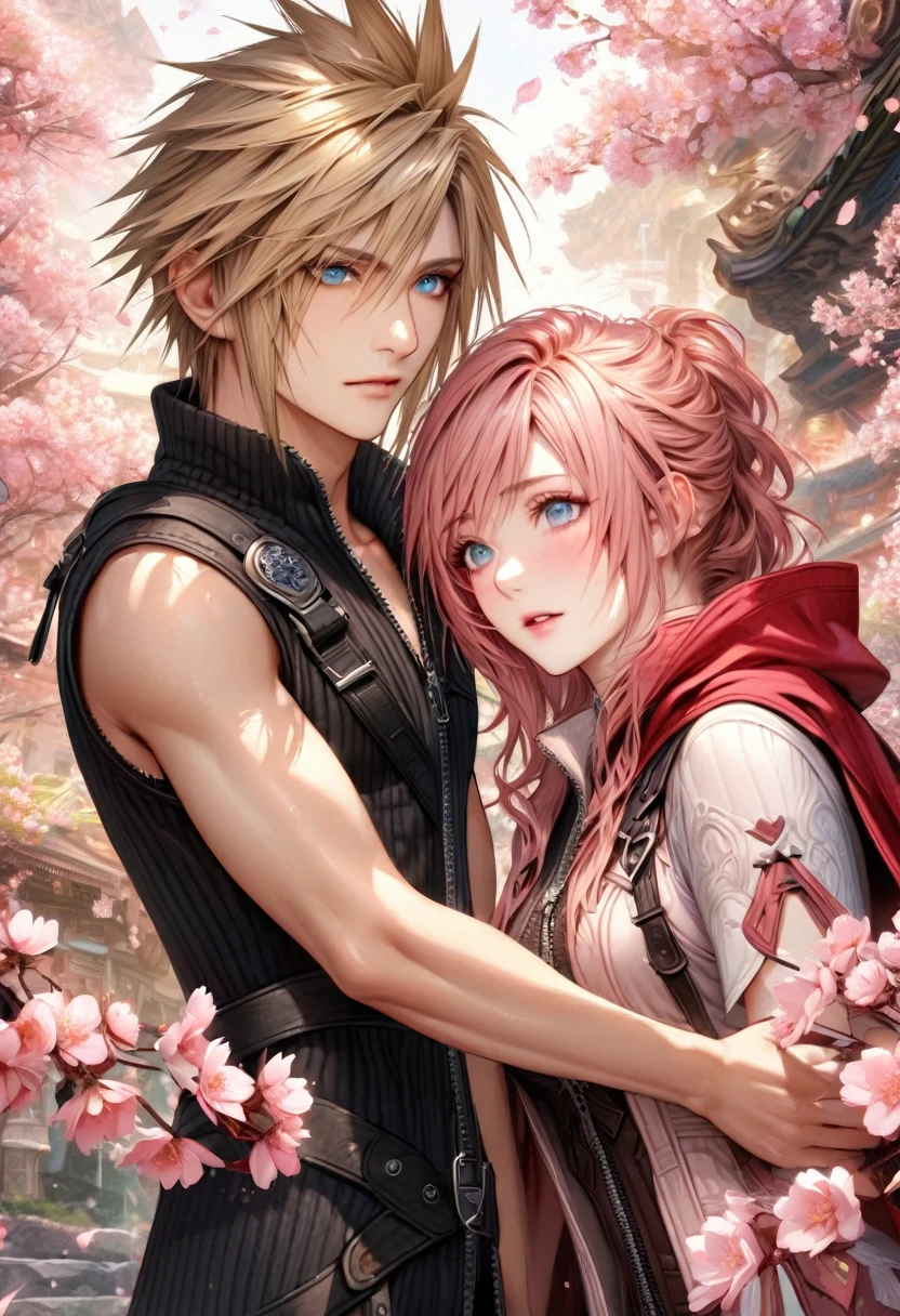 Ultra detailed, HDR, Highres, absurdres, master piece, Claire Farron, wavy pink short hair, expressive aqua pale eyes, Lightning Farron, Final Fantasy XIII, Cloud Strife, blonde hair, expressive blue eyes, Final Fantasy VII (Advent Children), a beautiful woman together with a handsome man, couple, love, fantasy, magical, white feathers, pink petals, best quality, white and black clothes with patterns, red cape, blossoms, pink flowers, cherry blossoms, realistic face