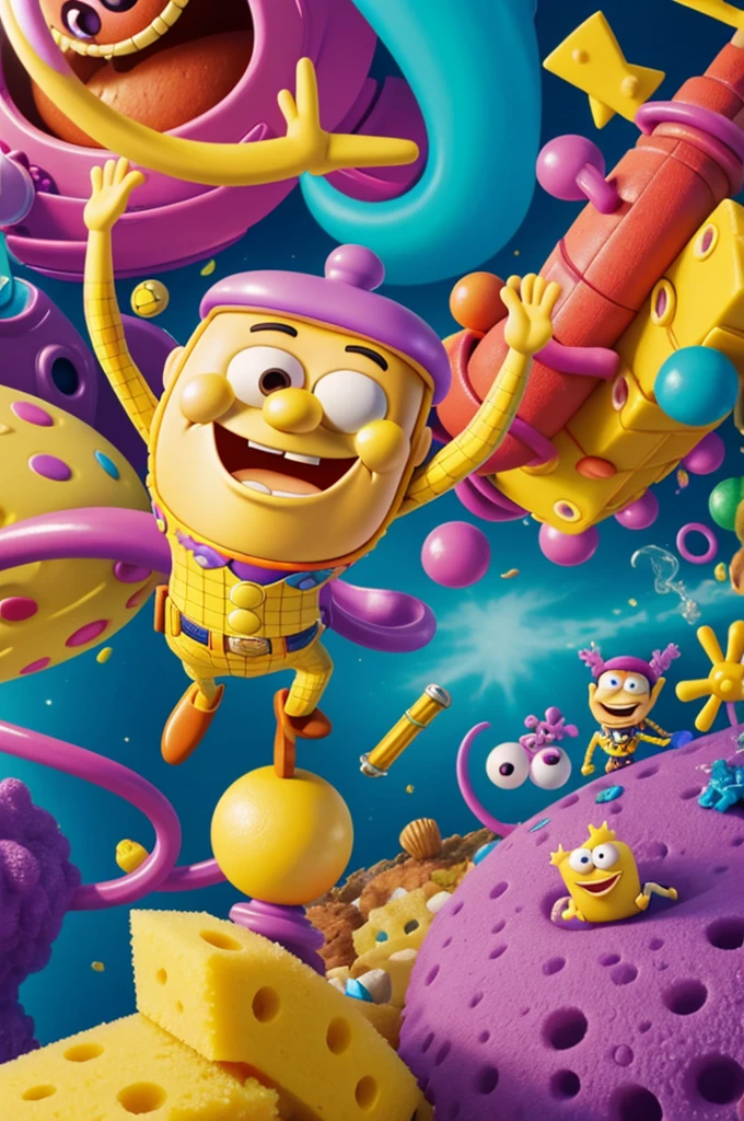 Imagine a colorful and vibrant scene, like the style of both animated universes. Sponge Bob, with his characteristic outfit of square pants and a big smile, It is in the center of the image. He is playfully stomping on Woody and Buzz Lightyear, who are on the ground with surprised expressions. Maybe there are some other Toy Story toys scattered around, adding to the fun chaos of the scene. Todo esto ocurre en un entorno que podría mezclar elementos del fondo del mar de Sponge Bob con la habitación de Andy de Toy Story.