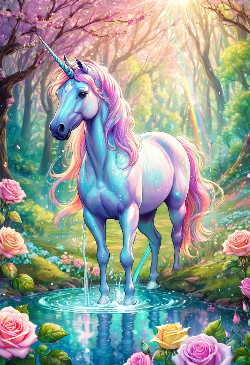 A pastel-colored unicorn is drinking water from a spring, a transparent spring in a beautiful forest, pastel-colored roses blooming around it, pastel-colored rainbow light, a mysterious world, fine grains of light. ,
