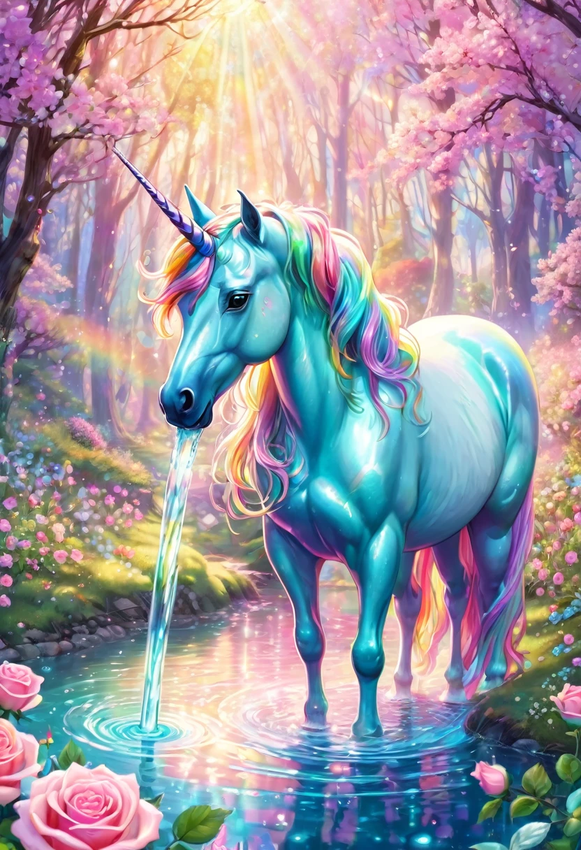 A pastel-colored unicorn is drinking water from a spring, a transparent spring in a beautiful forest, pastel-colored roses blooming around it, pastel-colored rainbow light, a mysterious world, fine grains of light. ,