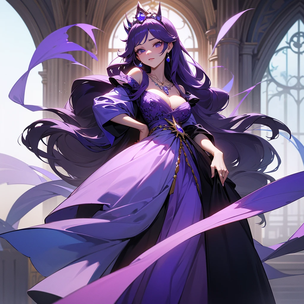 high resolution、A mature and elegant princess。The princess is the princess of the country of Amethyst.、tiara with amethyst、Gorgeous amethyst necklace、She wears a richly decorated purple dress。like medieval europe、Fantasy。The overall image is purple.。beautiful。