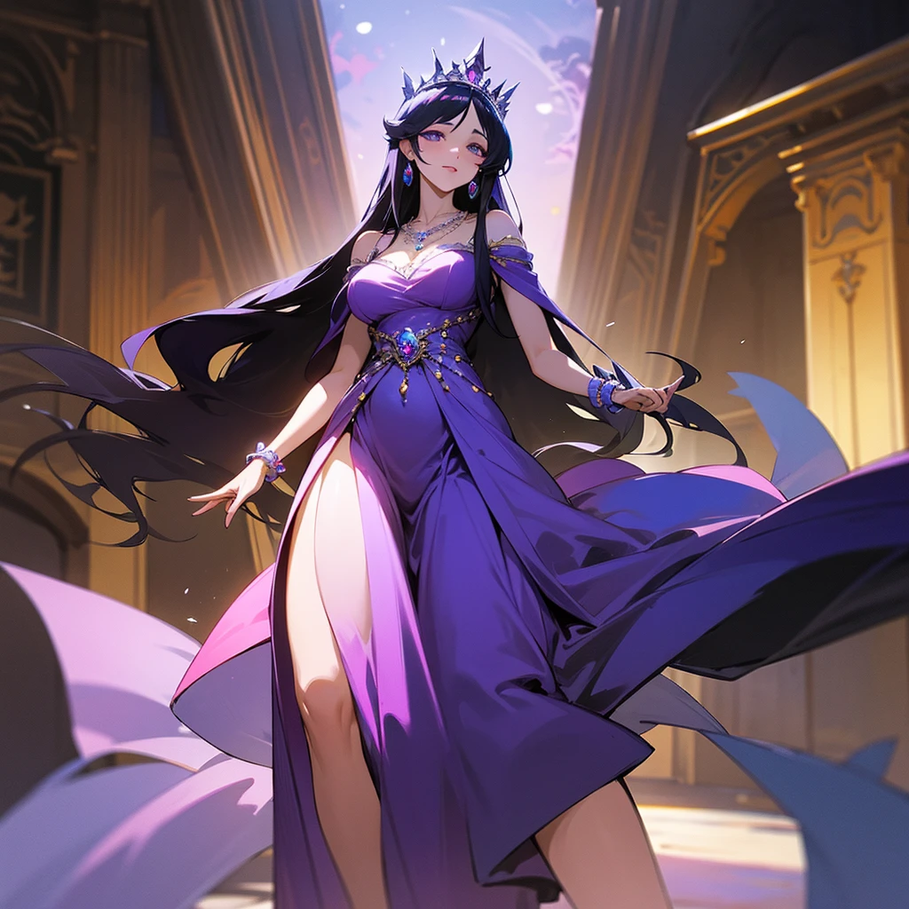 high resolution、A mature and elegant princess。The princess is the princess of the country of Amethyst.、tiara with amethyst、Gorgeous amethyst necklace、She wears a richly decorated purple dress。like medieval europe、Fantasy。The overall image is purple.。beautiful。