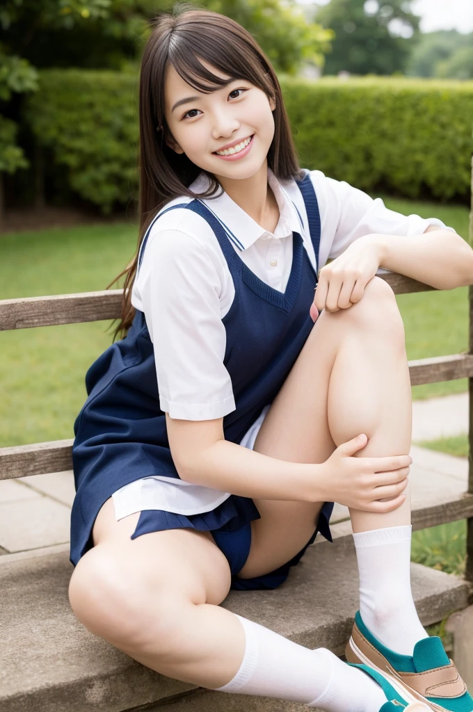 Pure Japanese school girl, sexual attractive, outstanding body, beautiful legs, wearing loose uniform, socks, loafers, panty, sweet smile, sitting, spread wide legs, refreshing in early summer morning,