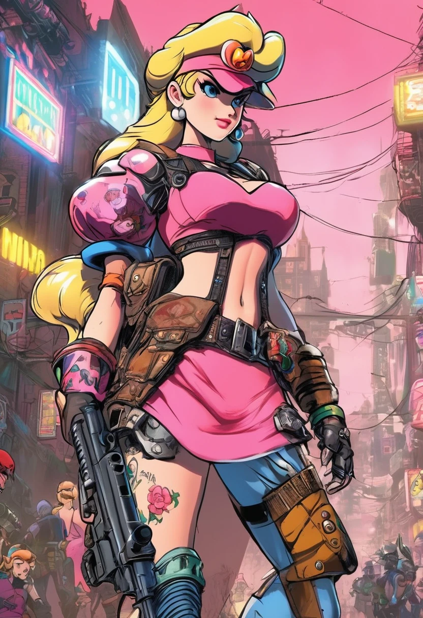 Imagine Princess Peach as a reveled female bounty hunter, with tattoos, in a crime neighborhood in a city and a cyber-punk era.