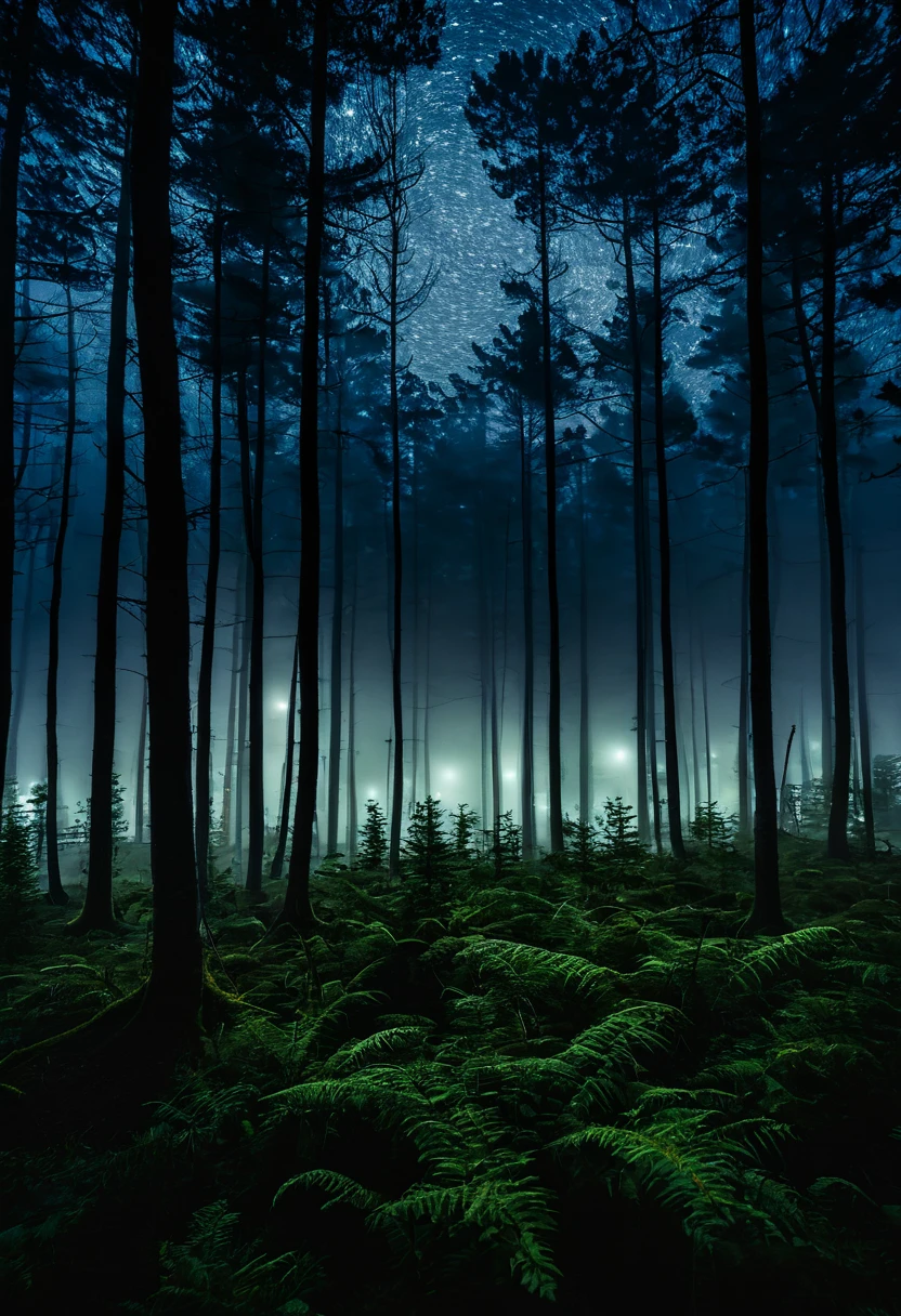 A forest at night, sorrounded by fog
