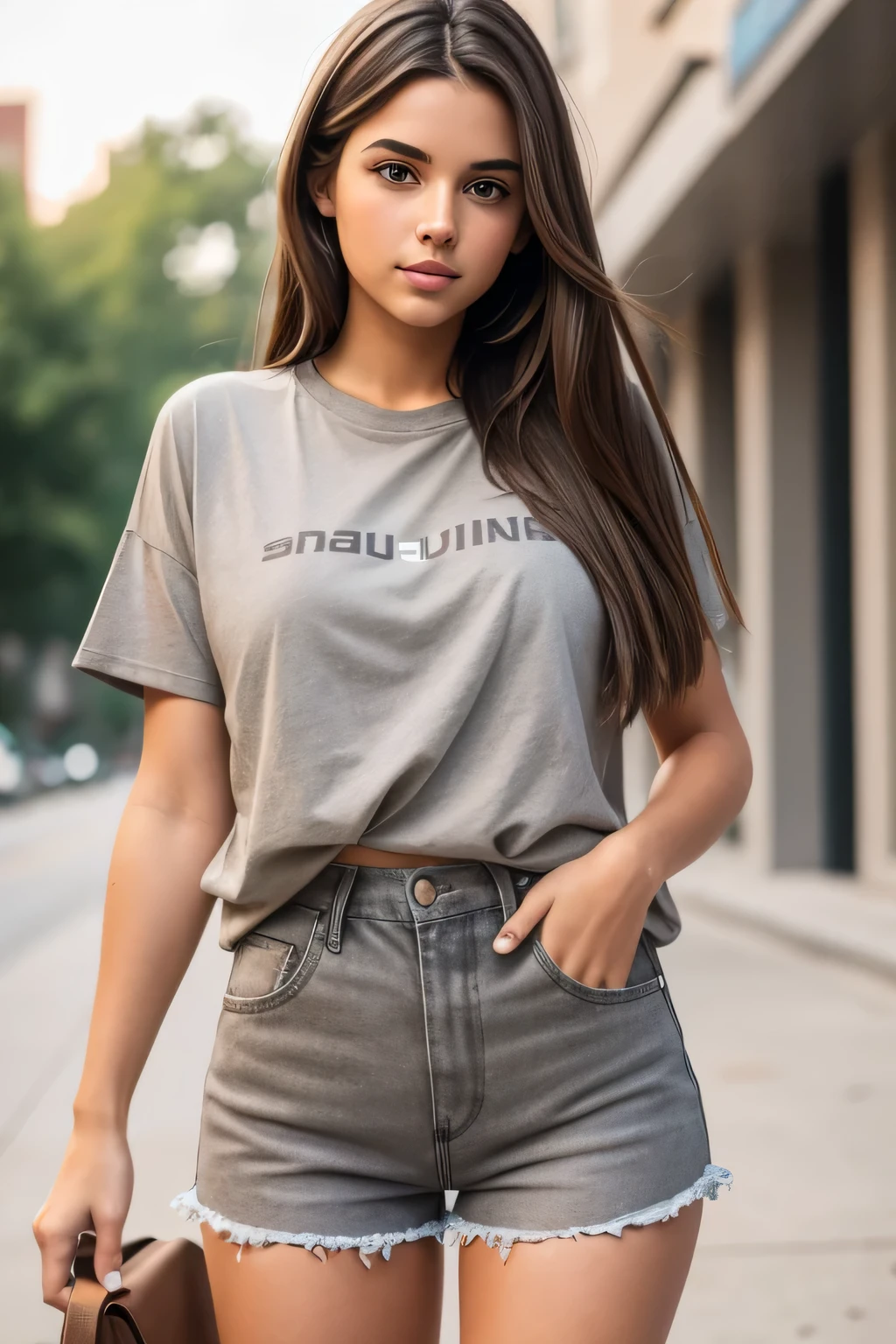 Girl with straight brown hair, she is wearing a gray t-shirt and shorts. she has full lips
