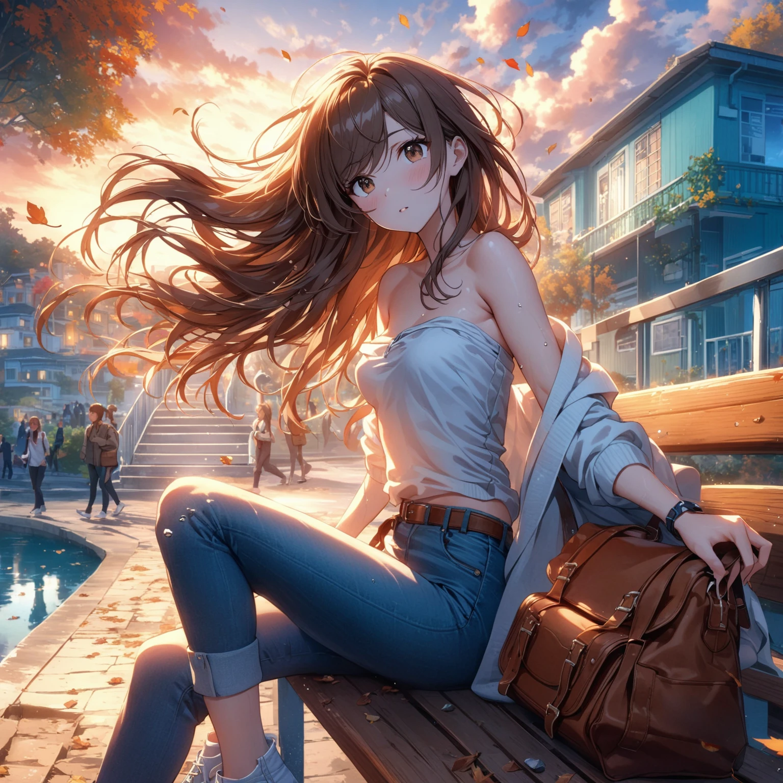 Best quality, masterpiece, young woman sitting on bench and throwing rocks at water, with very long brown hair swept bangs and brown eyes, strapless shirt, white cardigan, rolled up jeans, satchel, small breasts, thin, toned arms, creek, outdoors, autumn, sunrise, tropical, clouds,teal buildings, white steps, fence, road, people in background, falling leaves, 