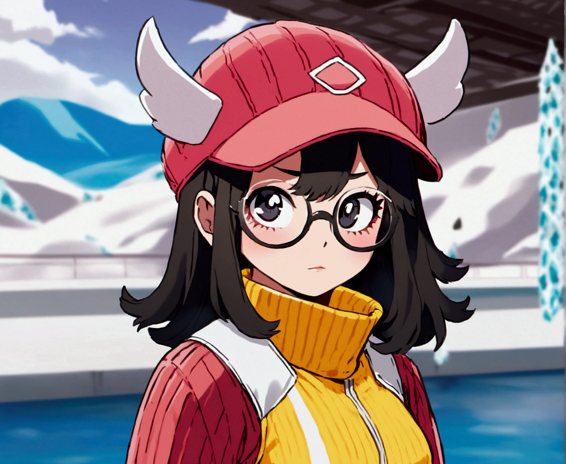 Create an image in the style of the anime boku no hero academia, a young woman with black hair, very long and curly, black almond eyes, oval glasses and academy sports uniform from the anime boku no hero academia