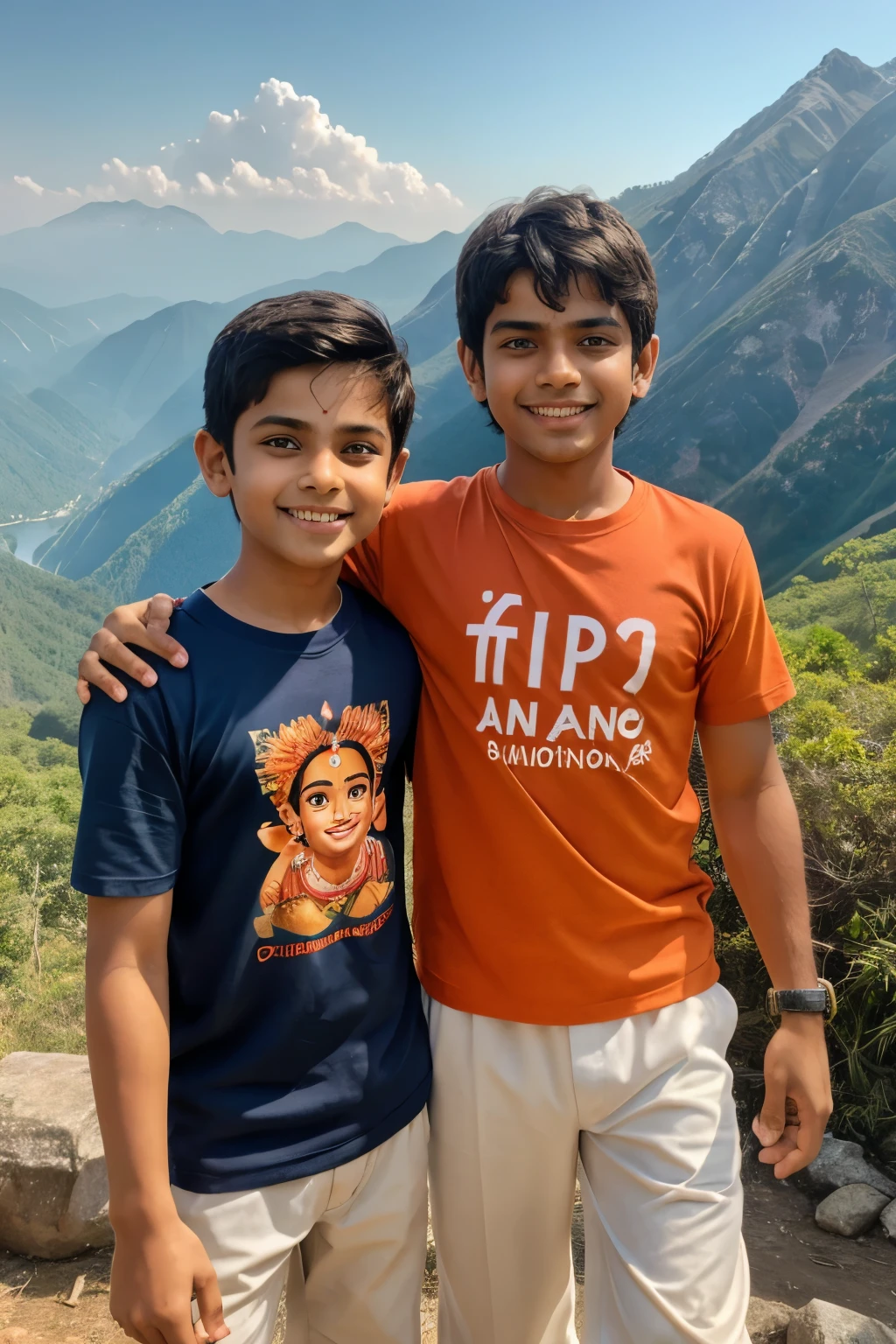14 years old boy walking and hanuman coming after him and hanuman's hand putting on Boy head on mountains. Both are smiling. boy is wearing saffron t-shirt and name "Aditya" write on it with bold. he looks very realistic, cute, tilak Deccan on your head, and happy. very realistic pictures, high quality picture, realistic mountain, forest moment.sun lights reflection , the words"Happy Hanuman Janmotsav" write top Sky. make sure text must be correct & Visible. 
Hanuman 