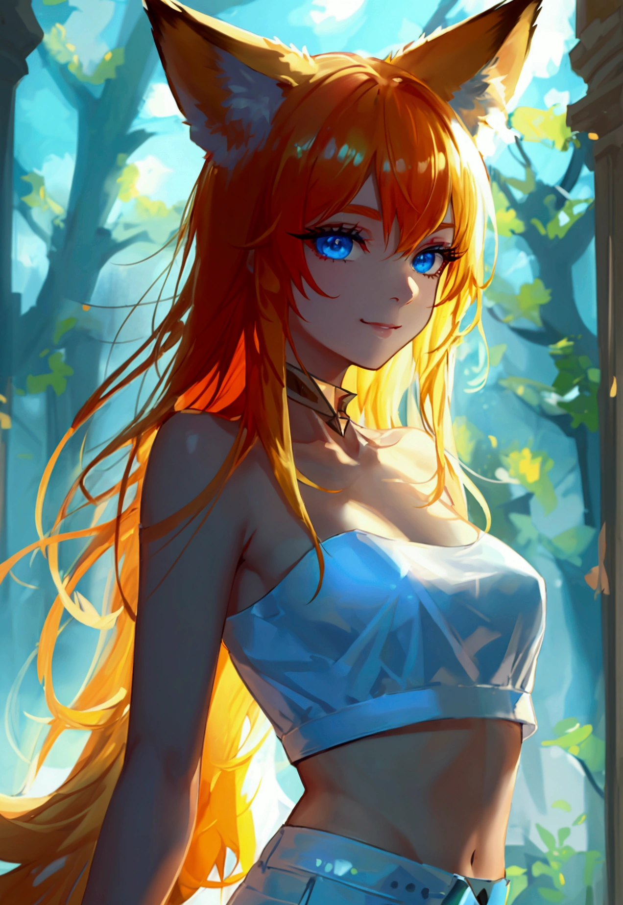 masterpiece, best quality, official art, extremely detailed 8k wallpaper, highly detailed, absurdres, (Bright background, day), Very sunny illuminated Picturesque scenery of a bright forest, exquisite facial features, Fox ears, blue eyes, Perfect fingers, perfect face, (sharp eyeliner, eyeshadow, detailed eyes:1.1), [Long Blonde hair], Small breasts, Perfect skin, shiny skin, female, solo, light smile, [White crop top, White Shorts, White high heels]
