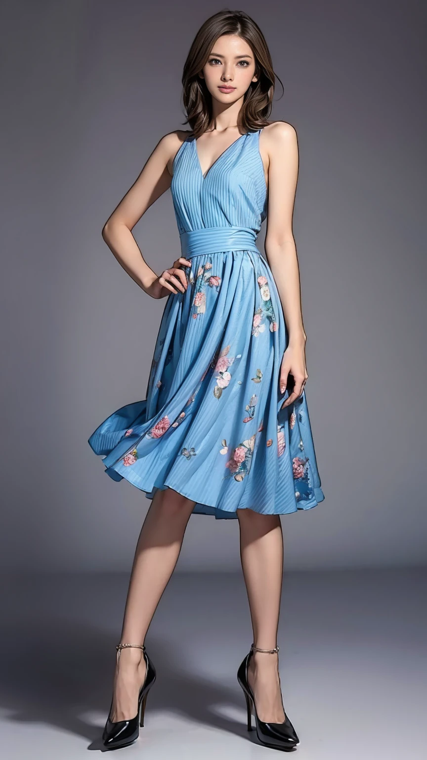 ((masterpiece)),(((Highest quality))),Thin thighs,Long legs,whole body:1.5，(One Girl:1.3),(Black high heels：1.3),(Wearing a floral striped mid-long flared skirt dress:1.2),Short blonde hair:1.2、Model pose standing with legs apart:1.5，Bright expression:1.5