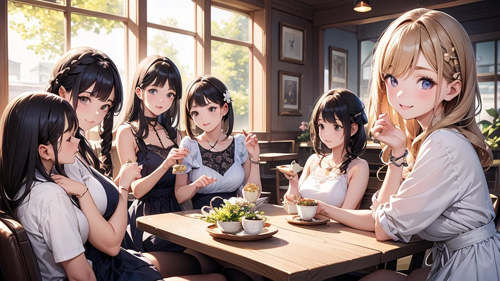 Highest quality、High resolution、Detailed Background、(Beautiful face in every detail:1.4)、Anatomically correct、(Detailed facial expressions)、(Detailed eyes:1.2)、Teenage beauty、(Highly detailed face:1.4)、Cute hair colour、Braided Ponytail、Bobcut、Braided long hair、Wavy Hairstyle、well-groomed eyebrows、Cute Eye Makeup、Cute Lip Makeup、Calm atmosphere、Happy expression、smile、Laughter、Tea time at the cafe、Cute gestures、
(Four women enjoying tea time at a cute cafe:1.5)、
Flared silhouette dress、Camisole dress with frills and lace、
A-line dress with ribbon and flower motif、pink、Pastel Blue、Soft colors such as lavender、white、A clean base color such as beige、
Ribbon and flower hair accessories、Pearl and jewel necklaces、bracelet、
Lace bag、Pumps with ribbon、Suede or velvet short boots、
It's gorgeous but also feminine.