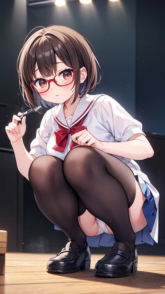 18-year-old、pretty girl , Short brown hair,,squat、mischief、joy、 Steam rises around her, Shooting from below, One Girl, Very short hair, Red frame glasses、White blouse, Navy Blue Skirt, Navy blue socks, Brown Loafers, White panties, , Everyday Style, Highest quality, 4K, 8K, High resolution, masterpiece:1.2, Very detailed, Realistic, photoRealistic, photo-Realistic:1.37, High resolution, 超High resolution, Studio Lighting, Ultra-fine painting, Sharp focus, Physically Based Rendering, Very detailed説明, Professional, Vibrant colors, Bokeh