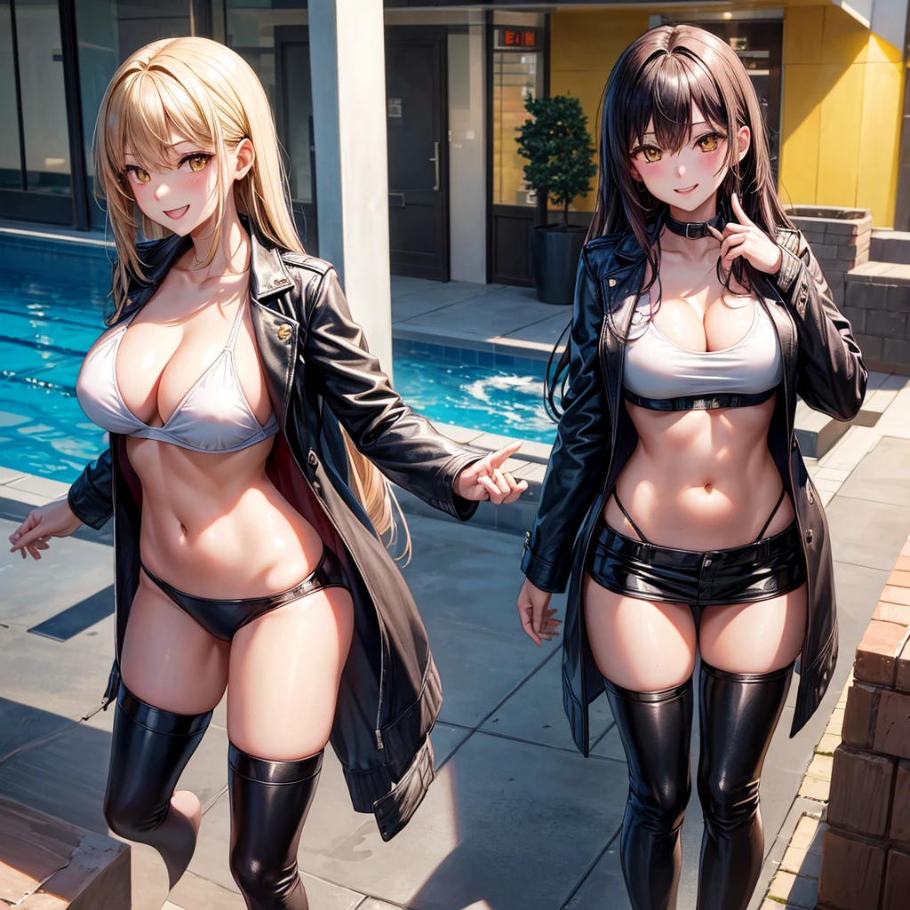 best quality，，smile，blazer，middle School girls，leather jacket，beautiful girl,swimsuit,比基尼,multiple girls are depicted，harem，idol group，photo shoot，long hair，highest quality，big breasts，happy girl,horny girl，yellow eyes，Pool，Beautiful Girl Country，Beautiful Girl&#39;s Paradise，fur jacket，perfect face，standing position,girls hugging each other，letting down one&#39;s Bangs，beautiful eyes,Ocean,girls hugging each other,smooth hair，Angel Girl，multicolored hair colors，naughty girl，beautiful girl，beautiful girl，loose socks