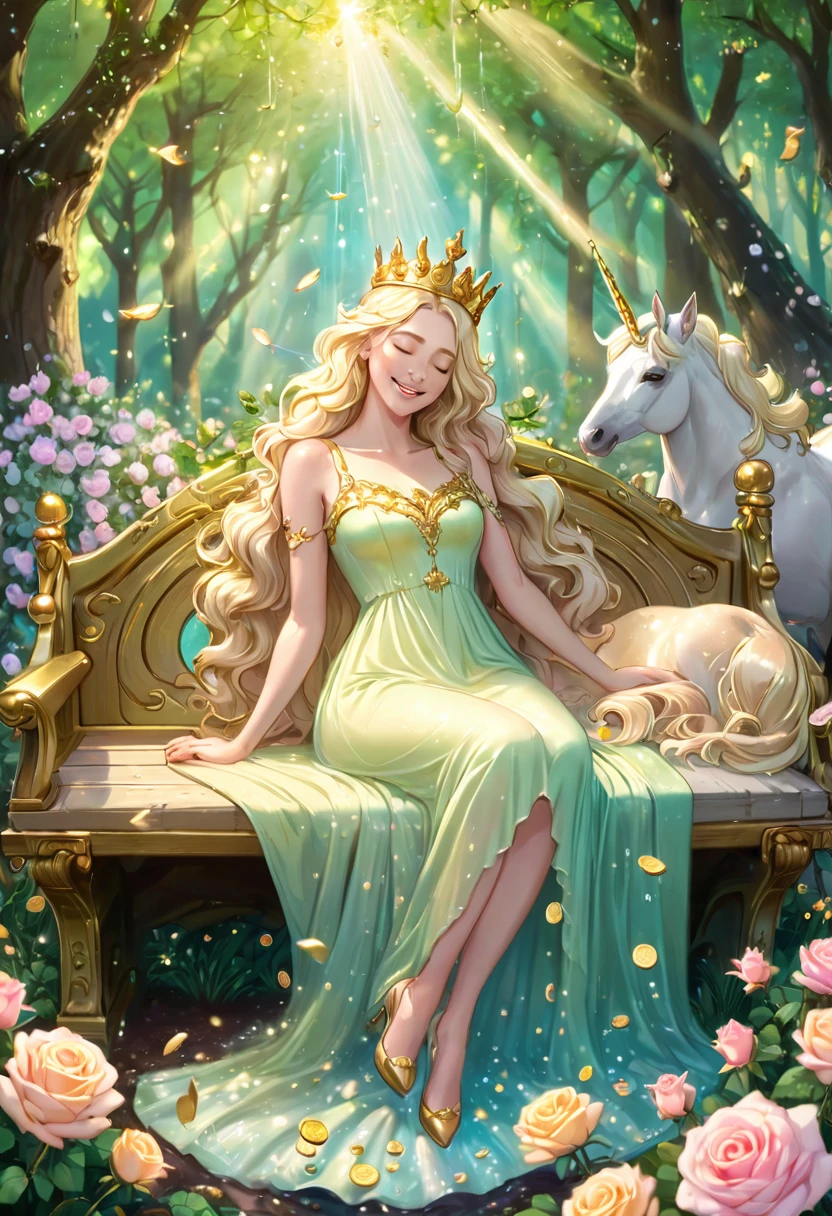 Goddess sleeping on a gorgeous bench near a clear spring in a beautiful forest, wearing a crown and surrounded by pastel colored roses, smiling, gold coins falling from the sky, shower of gold light , fine grains of light, pastel colored unicorns are drinking spring water