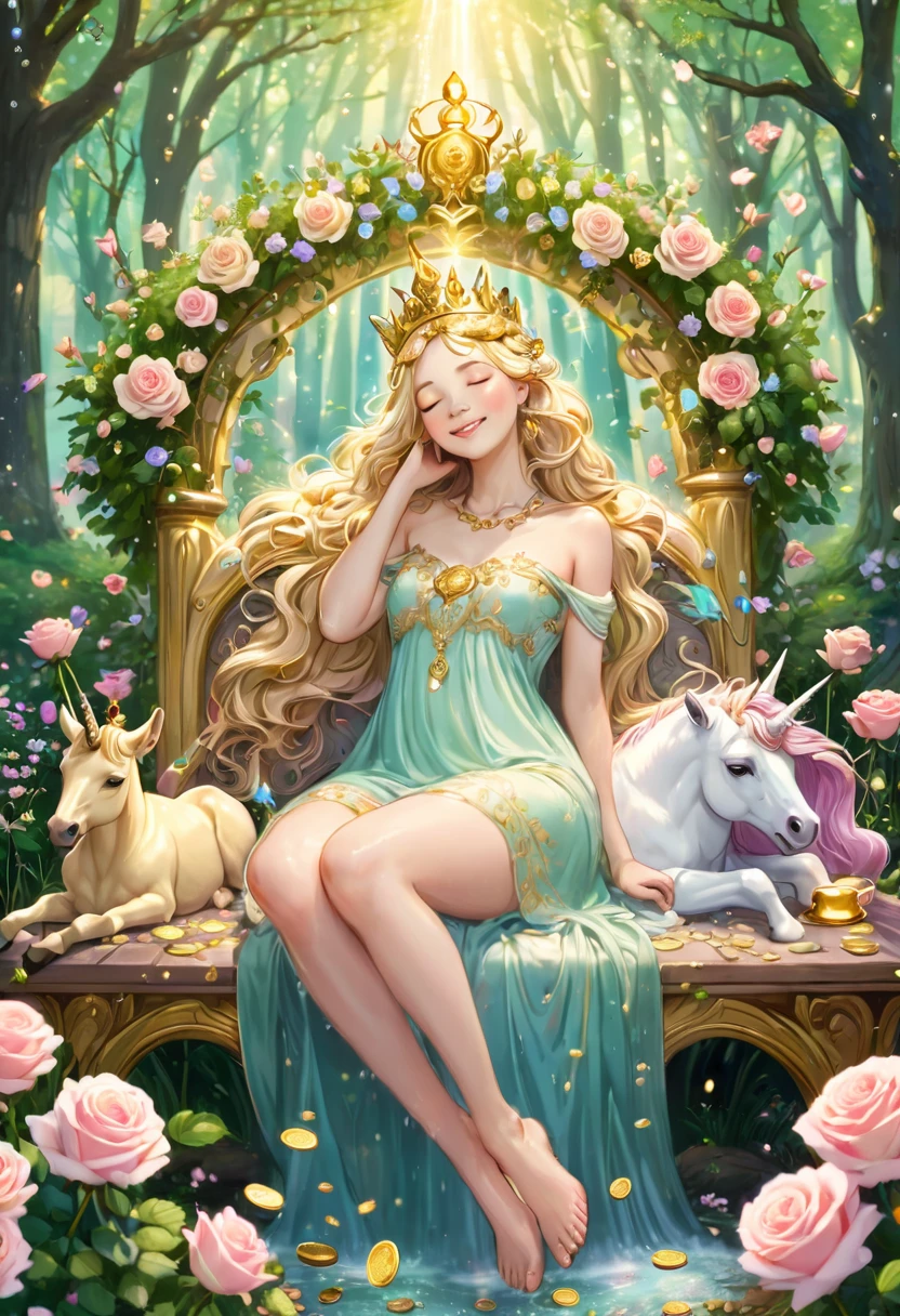 Goddess sleeping on a gorgeous bench near a clear spring in a beautiful forest, wearing a crown and surrounded by pastel colored roses, smiling, gold coins falling from the sky, shower of gold light , fine grains of light, pastel colored unicorns are drinking spring water