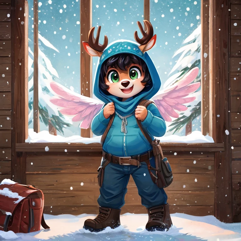 Cute, deer boy, small deer antlers, innocent, chubby, fat, big thighs, androgynous, femboy, short curly hair, black hair, fawn spots, freakles, ((cute)), smiling, wearing cottage core outfit, pastel color scheme, young, cartoony, adorable, deer tail, moss green eyes, angel wings, dynamic pose, excited pose, energetic pose, happy pose, winter, winter clothes, white and blue color scheme, winter colors, snow, ice, snowing, falling snow, snowflakes, wearing a parka with a faux fur-lined hood in a versatile color like black or navy over a thermal henley in olive, paired with a lightweight wool sweater with slim-fit cargo pants in a deep green and a woolen hat a leather belt and a warm patterned scarf along with sturdy hiking boots with a rugged backpack and aviator sunglasses, enjoying a hot coco next to a big window,