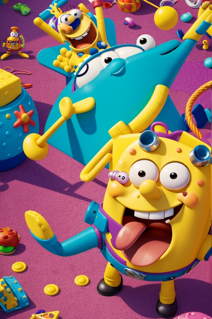 Imagine a colorful and vibrant scene, like the style of both animated universes. Sponge Bob, with his characteristic outfit of square pants and a big smile, It is in the center of the image. He is playfully stomping on Woody and Buzz Lightyear, who are on the ground with surprised expressions. Maybe there are some other Toy Story toys scattered around, adding to the fun chaos of the scene. Todo esto ocurre en un entorno que podría mezclar elementos del fondo del mar de Sponge Bob con la habitación de Andy de Toy Story.