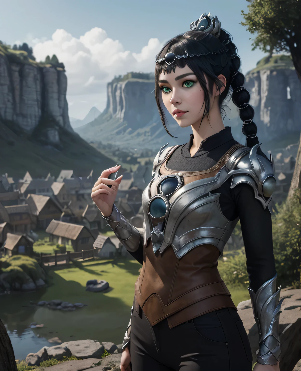 (masterpiece, best quality), 1girl, shadowheart, black hair, braided ponytail, green eyes, circlet, black pants, closeup, sketch, looking at viewer, ((green eyes)),(fantasy village on background),