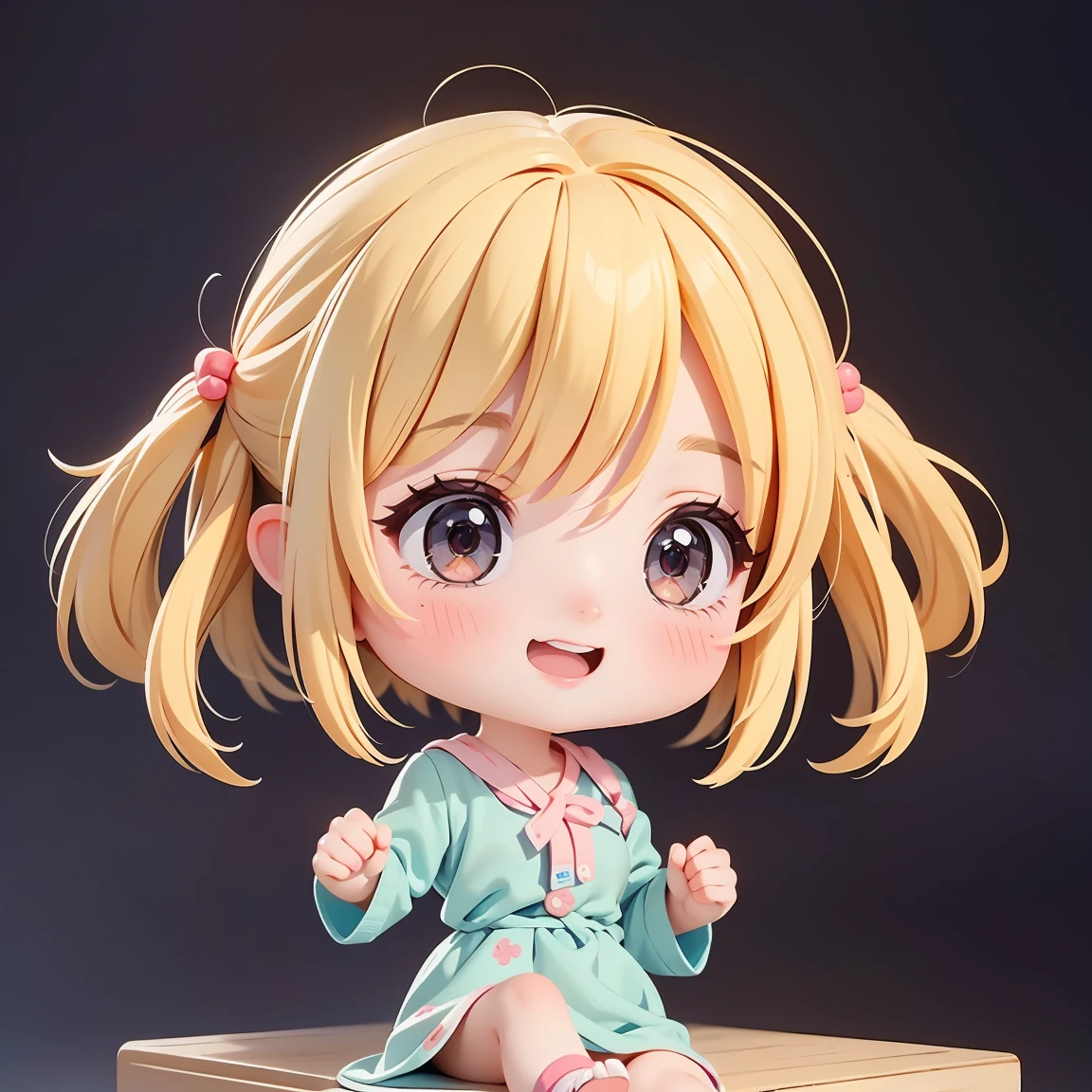  Super Chibi Character：1.8、wearing cute sandals、background：Simple all over、Blonde Hair、Cute 7 year old girl、Random cute outfits、Random and over-the-top poses：1.8、Looking this way、Super Happy Smile：1.8