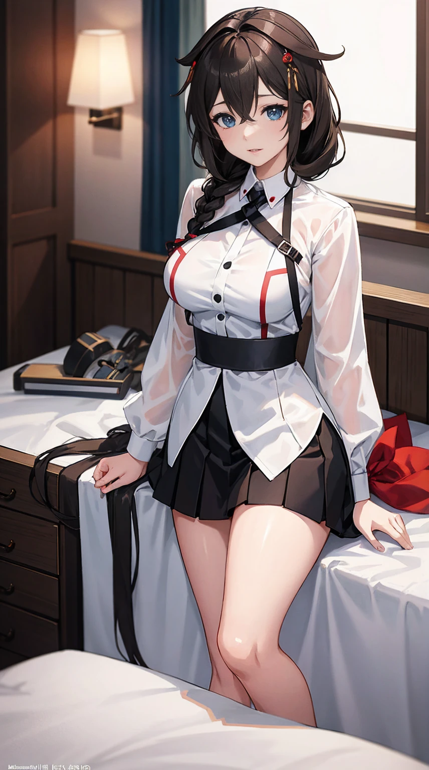 Shigure Kai 3 KanColle  White shirt blackskirt Braid 8K High Resolution Very Fine Eyes Very Fine Face、Insanely detailed body、Extremely fine skin, very elaborate hair ornament, Precisely sculpted body and hand 1 person hotel room