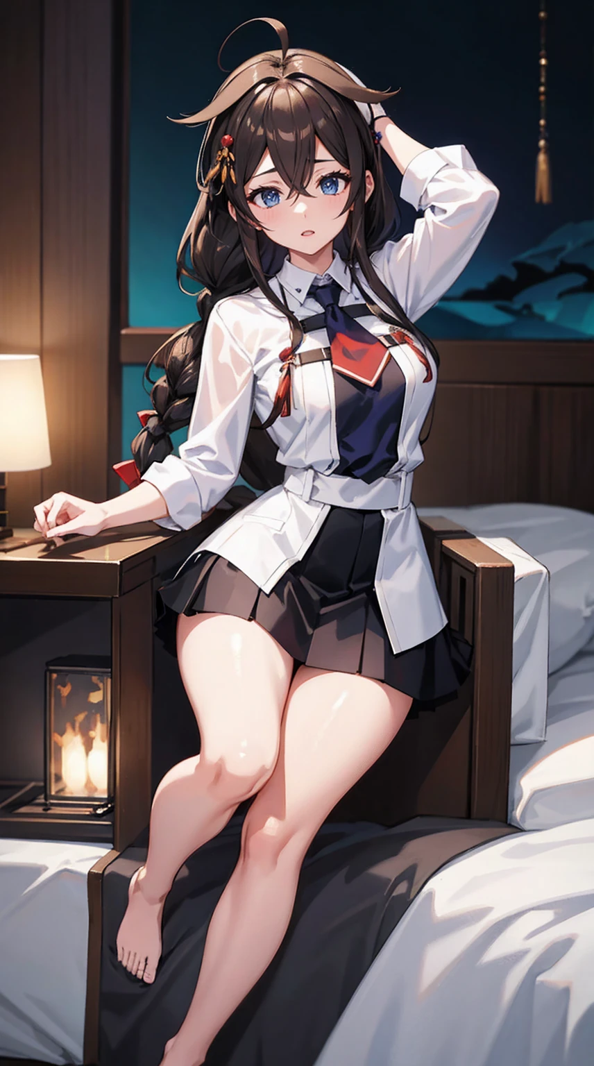 Shigure Kai 3 KanColle  White shirt blackskirt Braid 8K High Resolution Very Fine Eyes Very Fine Face、Insanely detailed body、Extremely fine skin, very elaborate hair ornament, Precisely sculpted body and hand 1 person hotel room