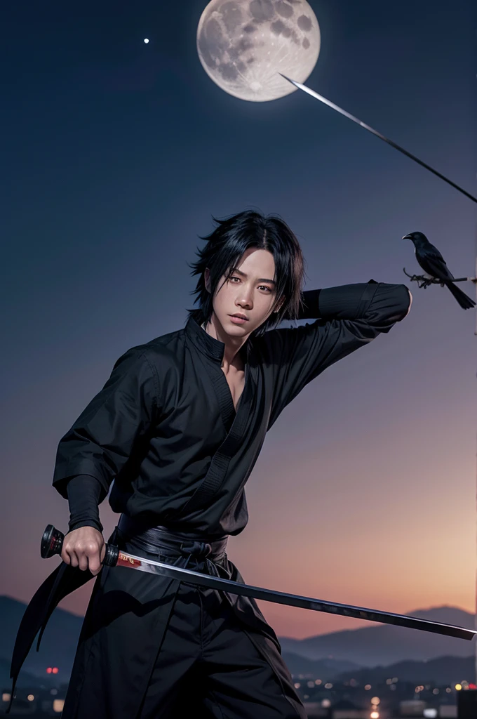 Sasuke Uchiha holding a Katana, behind him is the moon and in the sky there is a crow flying.
