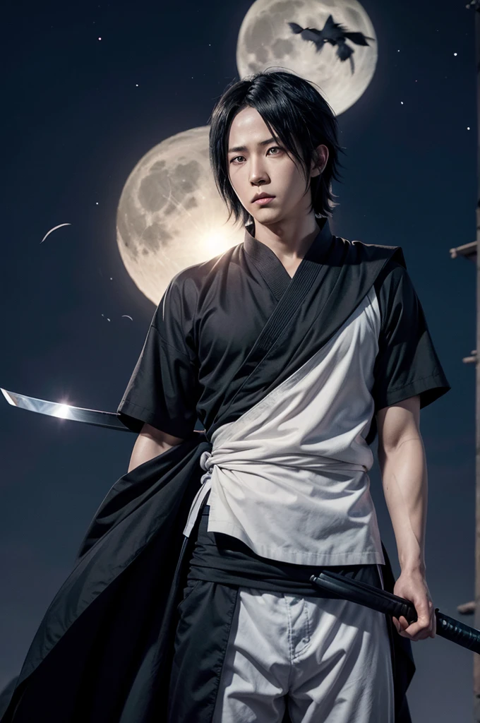 Sasuke Uchiha holding a Katana, behind him is the moon and in the sky there is a crow flying.