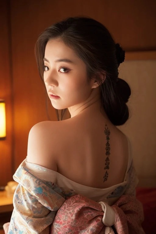 masterpiece, 1 woman per 1 photo, full body, live front view, subject composition facing down from above, a)) Geisha model Sleep on your back looking up. On the bed. Inside the castle. wearing Geisha clothes. Bare shoulders. with decorative tattoos on the body + shooting from the top angle: detail face and skin texture, detail eyes, double eyelids,