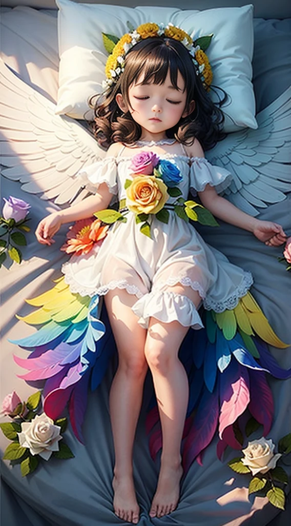 cute little Flowe Angel ,Gradient large angel wings, large wings, rainbow colored angel wings, fairy sleeping in a large rose