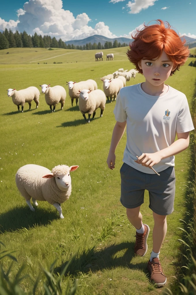 Create a 3D poster inspired by Pixar capturing scenes of a red-haired boy, white curled hair in the field herding sheep