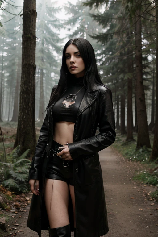 Full-length portrait of a mysterious emo woman in her 20s. She is Canadian and very beautiful, with caucasian skin and long straight black hair. her eyes are light blue, with a penetrating and challenging look, her lips are painted black.She wears a typically Gothic outfit, a white t-shirt with a black skull figure, black leather pants, a long black leather coat, black leather boots. She is the lead singer of a heavy metal band. The photograph is taken in a mysterious forest serving as a background with trees shrouded in fog in the late afternoon in autumn.
