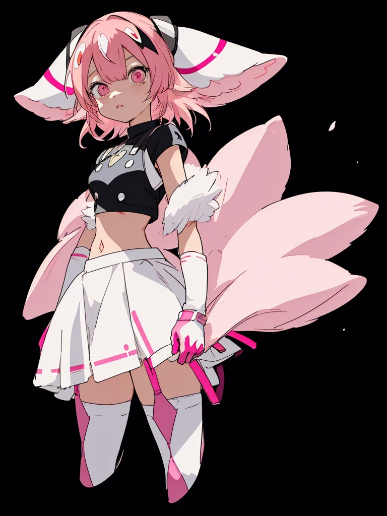 2d, masterpiece, best quality, anime, highly detailed, cowboy shot, 1girl, solo, natsuki, pink eyes, pink hair, medium hair, two side up, hair ribbon, hair ornament, pouty lips,  team rocket,team rocket uniform,white skirt,red letter R,crop top,black thigh-highs,black elbow gloves
