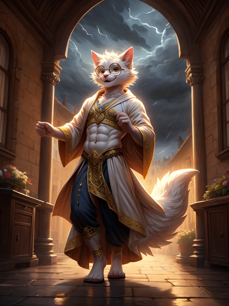 Anthro, white fluffy cat, full body, male, adult, hand paws, long fluffy tail, fluffy chest, strong, light robe, long dancing skitt, flip flop, fancy dancer clothing, crop top, ornate clothing, blue circular eyewear, abdomen on display, serious look, warm happy expression, hairy body, 8K, dynamic lighting, ultra detailed, masterpiece, street of a medieval town, stormy weather outside