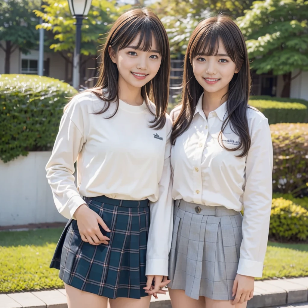 Highest quality、masterpiece、Japanese 、In uniform、White shirt、Grey plaid skirt、Striped ribbon、Long black hair、With bangs、smile、Outdoor、In front of the school building、Green plants、Street lamp、Reality