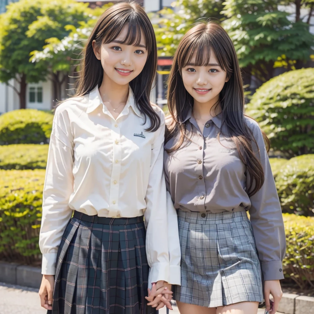 Highest quality、masterpiece、Japanese 、In uniform、White shirt、Grey plaid skirt、Striped ribbon、Long black hair、With bangs、smile、Outdoor、In front of the school building、Green plants、Street lamp、Reality