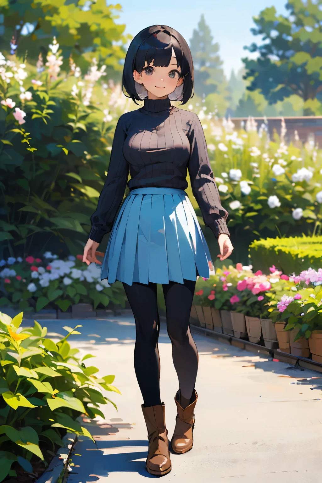 (high quality, High resolution, Very detailed, reality:1.37), Peaceful atmosphere, (Outdoor, garden), Teenage girl standing alone, (my breasts are big.), Beautiful details, Cute Smile, (Black bob hair), Ribbed sweater, Blue Skirt, Black tights, Brown boots.