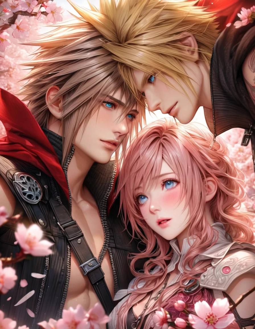 Ultra detailed, HDR, Highres, absurdres, master piece, Claire Farron, wavy pink short hair, expressive aqua pale eyes, Lightning Farron, Final Fantasy XIII, Cloud Strife, blonde hair, expressive blue eyes, Final Fantasy VII (Advent ren), a beautiful woman together with a handsome man, couple, love, fantasy, magical, white feathers, pink petals, best quality, white and black clothes with patterns, red cape, blossoms, pink flowers, cherry blossoms, realistic face